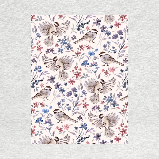 Chickadees and Wildflowers on cream by micklyn